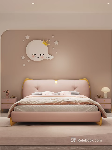 Pink Kids Bed With Curved Gold Headboard Moon Crown Smiling Face Stars Cloud Wall Decor 3d model 
