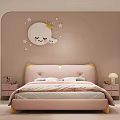 Pink Kids Bed With Curved Gold Headboard Moon Crown Smiling Face Stars Cloud Wall Decor