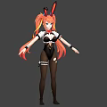 Game Anime Character With Twin Tails In Two Costumes Blue Dress Black Bunny Outfit