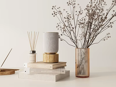 Minimalist Decorative Ornament Set With Reed Diffuser Gray Jar Stacked Books And Dried Branch Vase 3d model