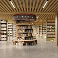 Book Art Display Space With Wooden Ceiling Shelves And Central Round Table
