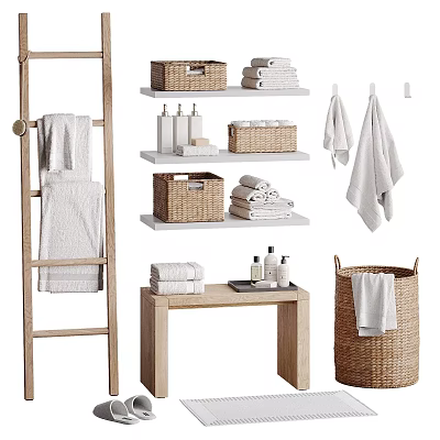 Natural Bathroom Storage With Wicker Baskets Shelves Towels Ladder Rack And Bath Products 3d model