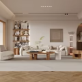 Modern Living Room Interior With White Sofas Wooden Coffee Table Shelves And Herringbone Flooring