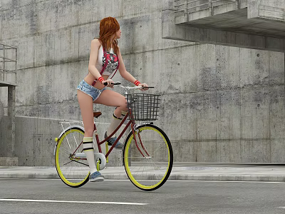 Red Haired Woman Wearing White Socks Riding Red Bicycle With Basket In Concrete Wall Setting 3d model