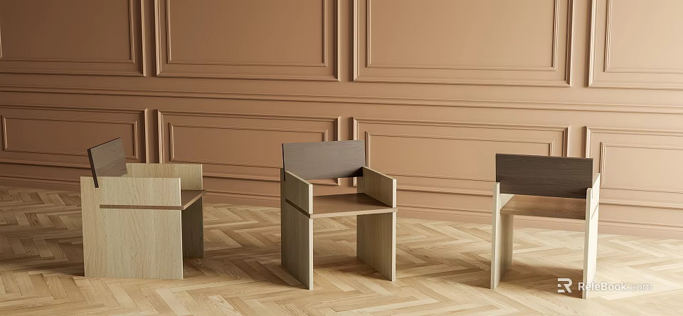 Modern Light And Dark Wooden Stools In Front Of Brown Paneled Wall With Herringbone Floor 3d model 