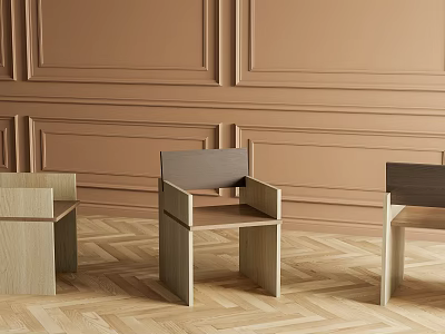 Modern Light And Dark Wooden Stools In Front Of Brown Paneled Wall With Herringbone Floor 3d model