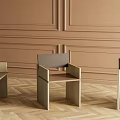 Modern Light And Dark Wooden Stools In Front Of Brown Paneled Wall With Herringbone Floor