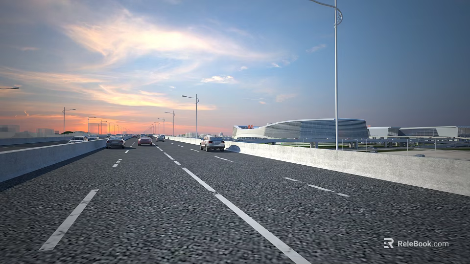Bridge With Cars On Road Streetlights And Sunset Sky Near Modern Building 3d model 