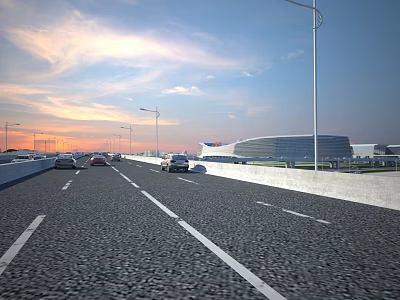 Bridge With Cars On Road Streetlights And Sunset Sky Near Modern Building 3d model