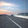 Bridge With Cars On Road Streetlights And Sunset Sky Near Modern Building