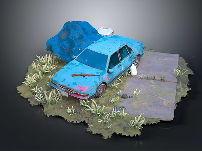 Abandoned Blue Car Surrounded By Overgrown Weeds And Stones On Weathered Ground 3d model