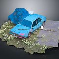 Abandoned Blue Car Surrounded By Overgrown Weeds And Stones On Weathered Ground