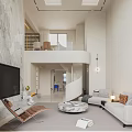 Modern Living Dining Room Interior With TV Sofa Round Marble Coffee Table And Accent Chair