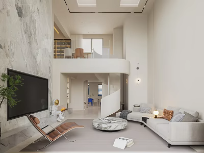 Modern Living Dining Room Interior With TV Sofa Round Marble Coffee Table And Accent Chair 3d model