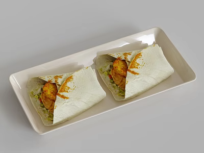 Delicious Chicken Wraps with Fresh Vegetables on White Rectangular Plate Topped with Spices 3d model