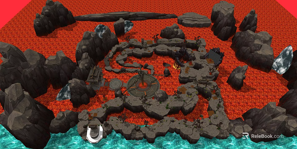 Volcanic Lava Landscape With Circular Rock Platform And Surrounding Structures 3d model