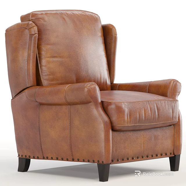 Brown Leather Single Sofa With Wingback Design Rolled Arms And Rivet Detailing 3d model 