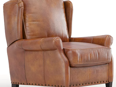Brown Leather Single Sofa With Wingback Design Rolled Arms And Rivet Detailing 3d model