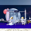 Modern Exhibition Display With Blue Structures Moon Theme And Astronaut Elements