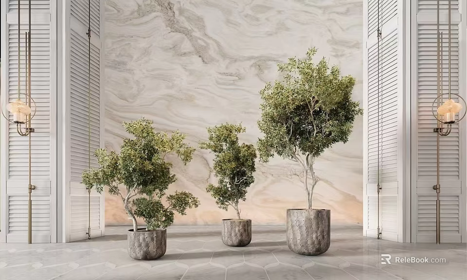 Modern Interior Decor With Three Bonsai Plants In Decorative Pots Against Marble Wall 3d model 