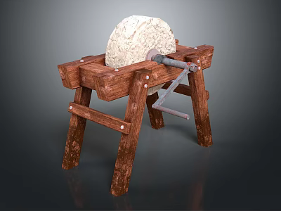 Traditional Wooden Stand With Round Natural Stone Millstone For Grinding 3d model