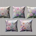 Set of Five Decorative Pillows with Colorful Floral Patterns and Butterfly Accents