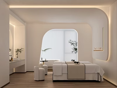 Elegant Modern SPA Sauna Interior With Massage Beds Green Plants Wooden Flooring And Soft Lighting 3d model
