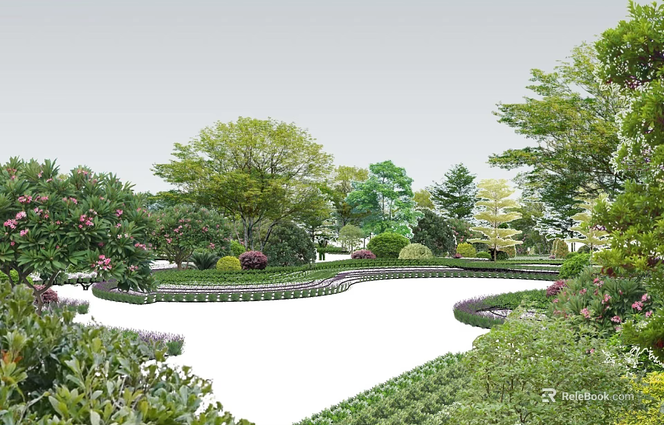 Scenic Park Landscape With Lush Greenery Various Trees Colorful Flowers And Curved Paths 3d model 