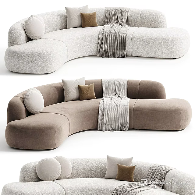 Modern Curved Sectional Sofa In Beige And Brown With Decorative Pillows And Cozy Throw Blanket 3d model 