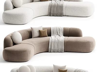Modern Curved Sectional Sofa In Beige And Brown With Decorative Pillows And Cozy Throw Blanket 3d model