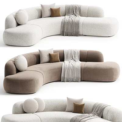 Modern Curved Sectional Sofa In Beige And Brown With Decorative Pillows And Cozy Throw Blanket 3d model