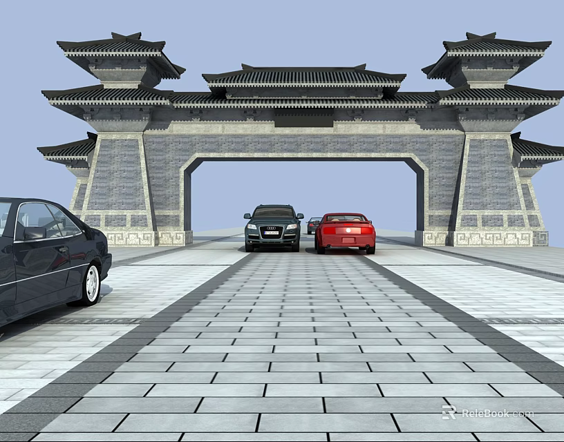 Traditional Chinese Entrance Gate with Classic Architecture and Cars on Stone Paved Path 3d model 
