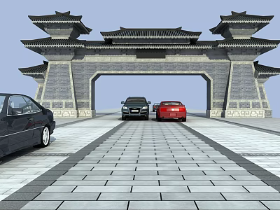 Traditional Chinese Entrance Gate with Classic Architecture and Cars on Stone Paved Path 3d model