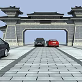 Traditional Chinese Entrance Gate with Classic Architecture and Cars on Stone Paved Path