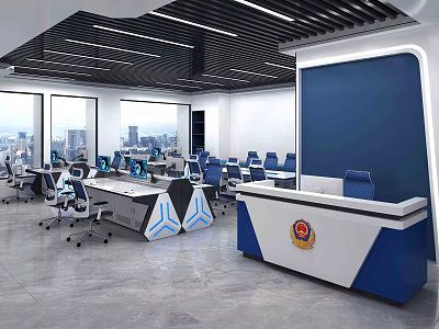 Modern Monitoring Room with Control Consoles Multiple Screens Workstations and City View Windows 3d model