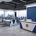 Modern Monitoring Room with Control Consoles Multiple Screens Workstations and City View Windows
