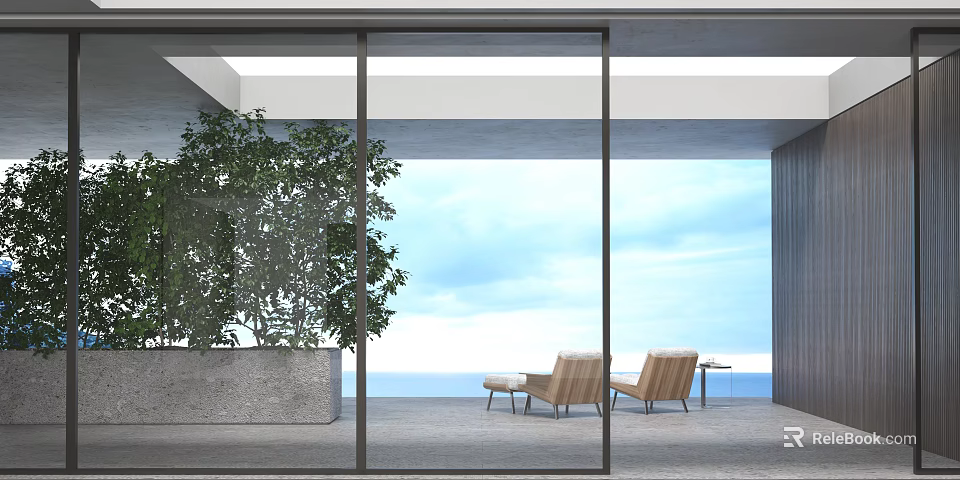 Modern Home Balcony Design With Glass Doors Large Green Plant Comfortable Chairs And Sea View 3d model 