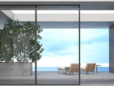 Modern Home Balcony Design With Glass Doors Large Green Plant Comfortable Chairs And Sea View 3d model