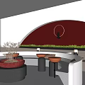 Modern Café Interior With Curved Wall Circular Light Green Plant Decor And Sofa Seating
