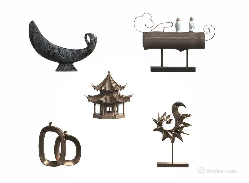 Artistic Ornament Set Featuring Crescent Shaped Black Decor Figures Chinese Pavilion Letter OD Dragon Design 3d model 