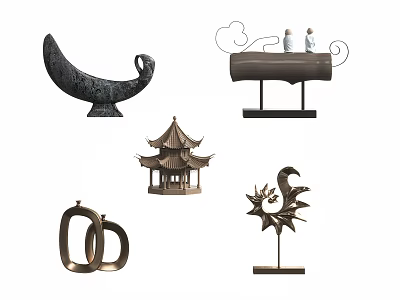 Artistic Ornament Set Featuring Crescent Shaped Black Decor Figures Chinese Pavilion Letter OD Dragon Design 3d model