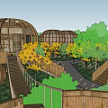 Round Wooden House with Circular Wooden Frame Structure Surrounded by Greenery and Stairs