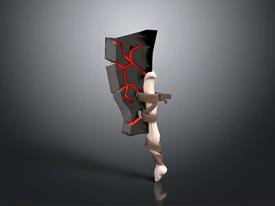 Black Axe With Red Cracks And Bone Handle Wrapped In Brown Straps 3d model