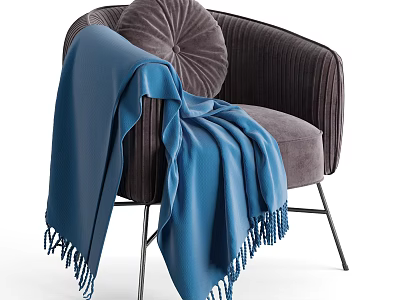 Velvet Single Sofa With Curved Armrests Metal Legs Button Tufted Cushion And Blue Throw Blanket 3d model
