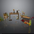 Autumn Themed Outdoor Seating Area With Wooden Table Chairs Wheelbarrow And Plants