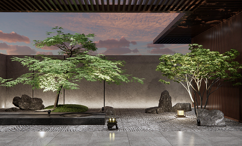 Japanese-style courtyard dry landscape courtyard landscape 3d model