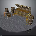 Open Treasure Chest With Gold Coins Wooden Barrels Burning Torches On Stone Platform