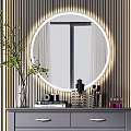 Gray Dressing Table With Round LED Light Mirror Stool And Green Plant Decor 3d model