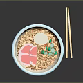 Colorful Striped Bowl of Ramen with Red Broth White Egg Pink Meat and Green Vegetables