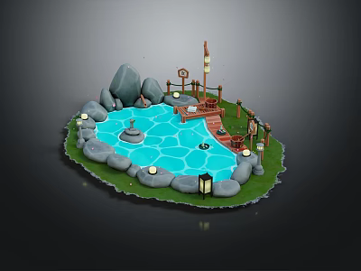 Garden Ornament With Pond Stones Lanterns Wooden Path And Green Plants 3d model
